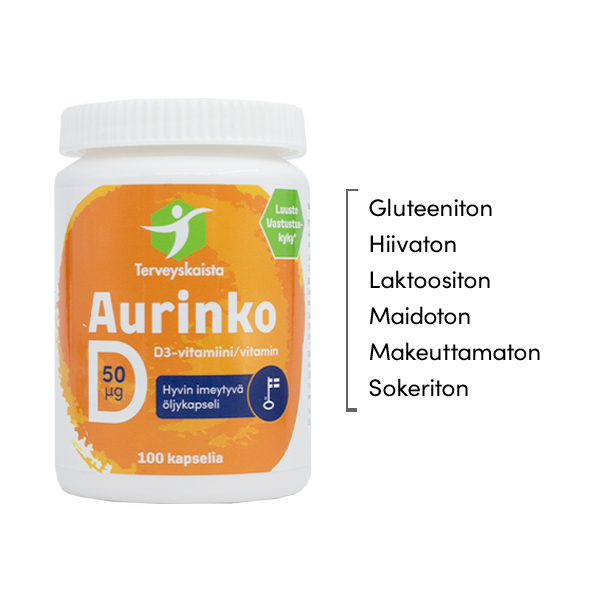 Aurinko D-vitamiini 50 µg (100 kaps.) 3 kpl PAKETTITARJOUS!