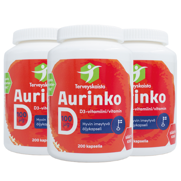 Aurinko D-vitamiini 100 µg (200 kaps.) 3 kpl PAKETTITARJOUS!