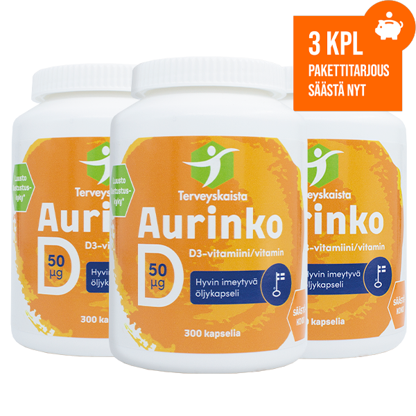 Aurinko D-vitamiini 50 µg (300 kaps.) 3 kpl PAKETTITARJOUS!