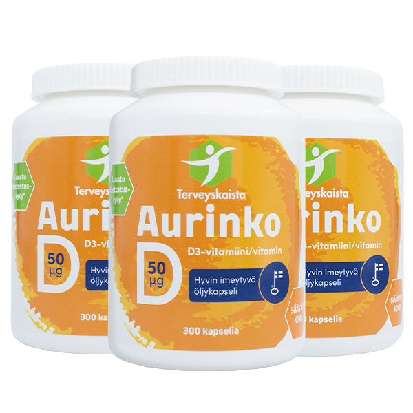 Aurinko D-vitamiini 50 µg (300 kaps.) 3 kpl PAKETTITARJOUS!