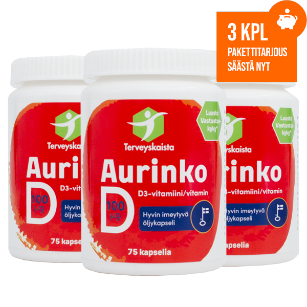 Aurinko D-vitamiini 100 µg (75 kaps.) 3 kpl PAKETTITARJOUS!