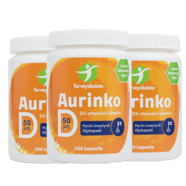 Aurinko D-vitamiini 50 µg (100 kaps.) 3 kpl PAKETTITARJOUS!