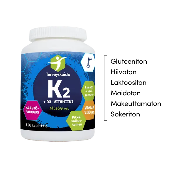 K2 + D3 -vitamiini 120 tabl 3 kpl PAKETTITARJOUS!