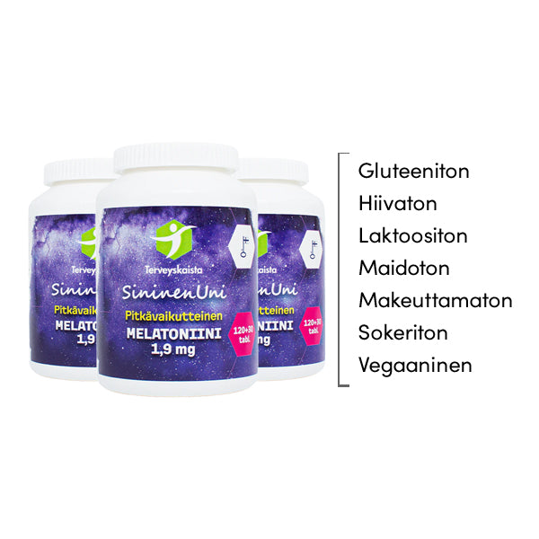 SininenUni melatoniini 1,9 mg, pitkävaikutteinen 3 kpl PAKETTITARJOUS!