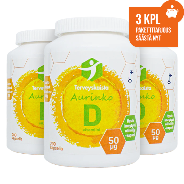 Aurinko D-vitamiini 50 µg Extra virgin oliiviöljyssä 3 kpl PAKETTITARJOUS!